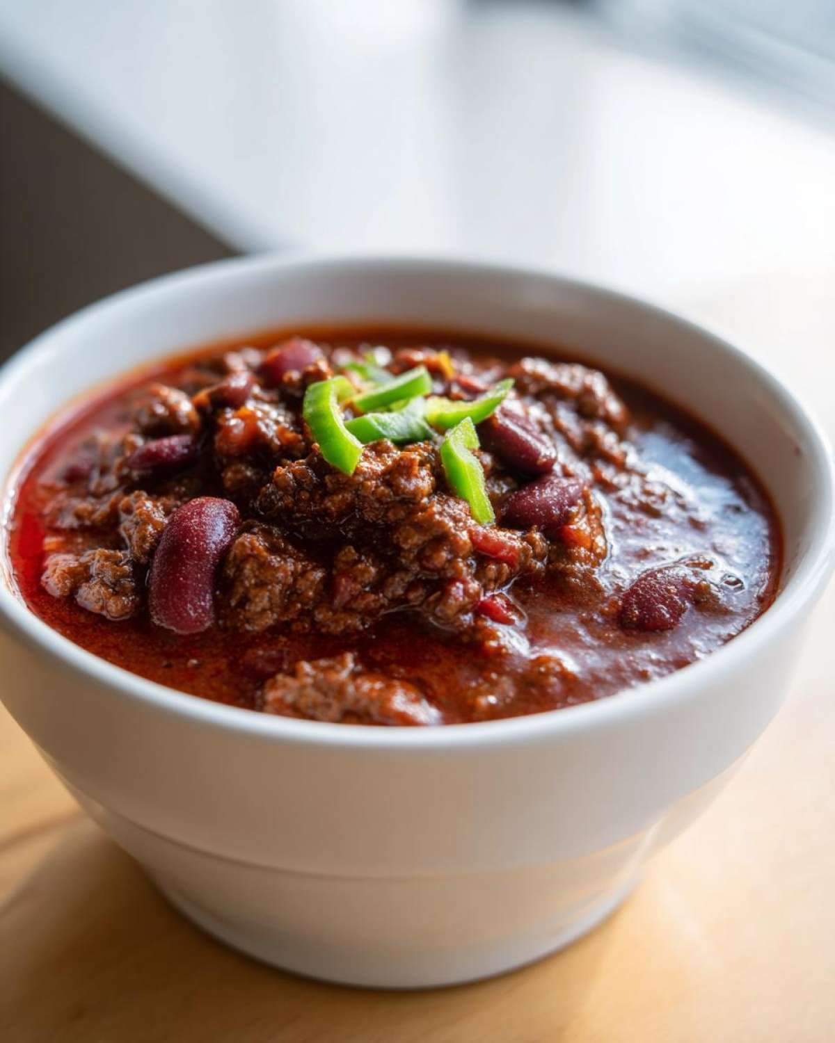 Close-up of a white bowl filled with rich, dark red chili, topped with kidney beans and sliced green peppers.