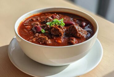 A close-up of a white bowl filled with rich, dark red chili featuring chunks of beef and kidney beans, garnished with green onions.