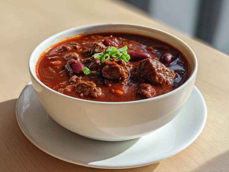 A close-up of a white bowl filled with rich, dark red chili featuring chunks of beef and kidney beans, garnished with green onions.