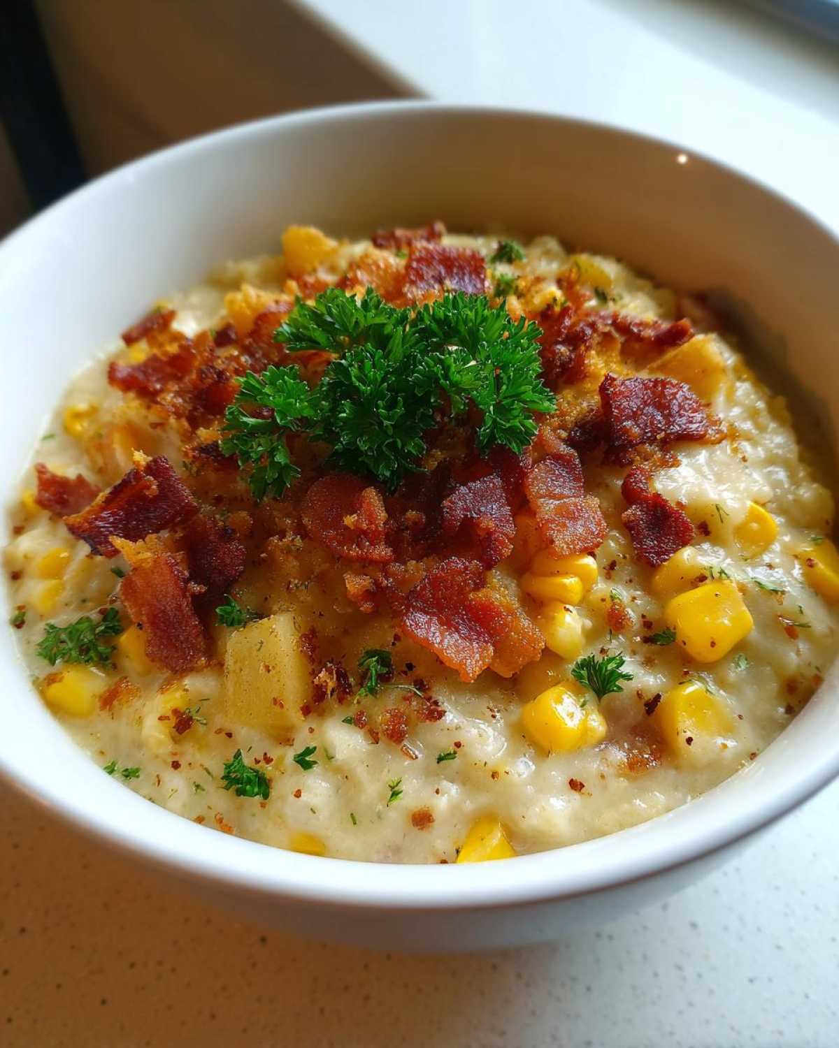 Close-up of a creamy bowl of amazing 6 ingredient corn chowder topped with crispy bacon and fresh parsley.