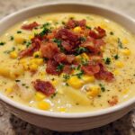 A close-up of a creamy bowl of amazing 6 ingredient corn chowder topped with crispy bacon and fresh parsley.