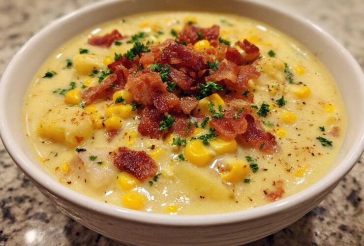 A close-up of a creamy bowl of amazing 6 ingredient corn chowder topped with crispy bacon and fresh parsley.