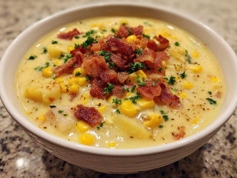 A close-up of a creamy bowl of amazing 6 ingredient corn chowder topped with crispy bacon and fresh parsley.