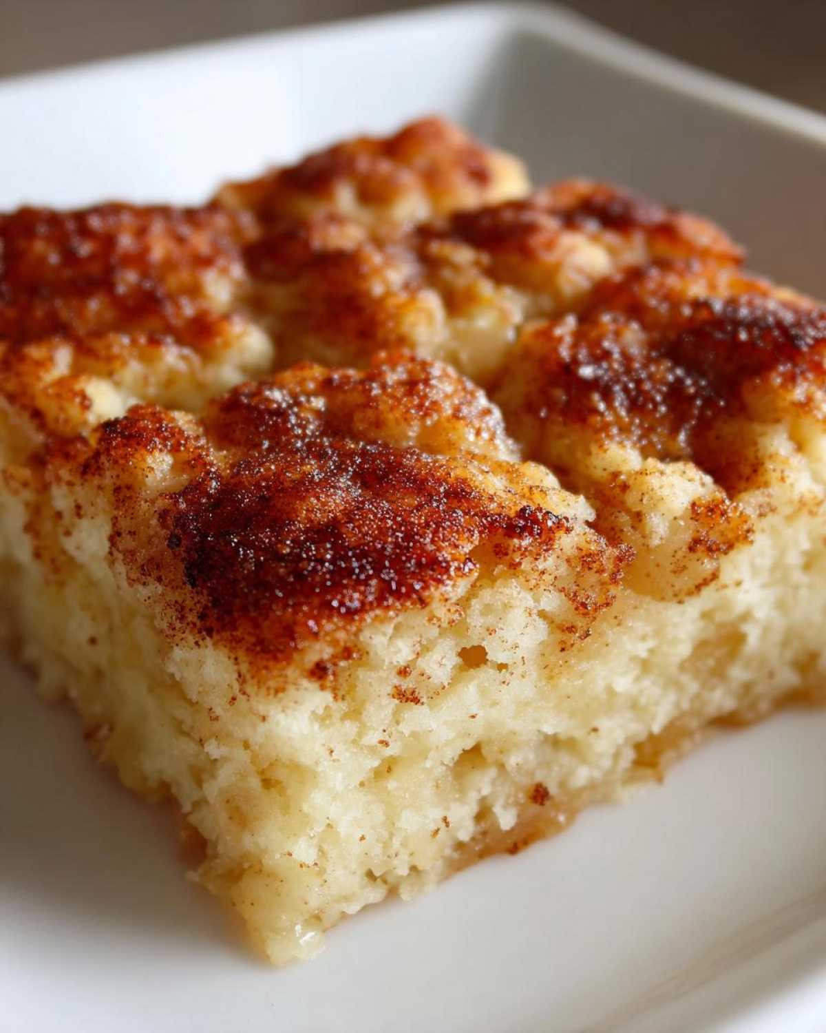 A close-up, macro shot of a square serving of moist apple cobbler with a rich, caramelized cinnamon sugar topping.