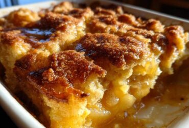 A close-up, sunlit view of a rich, golden brown apple cobbler with a sugary crust, showing the soft filling inside.