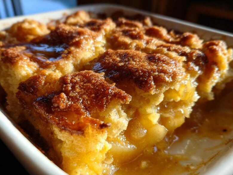 A close-up, sunlit view of a rich, golden brown apple cobbler with a sugary crust, showing the soft filling inside.