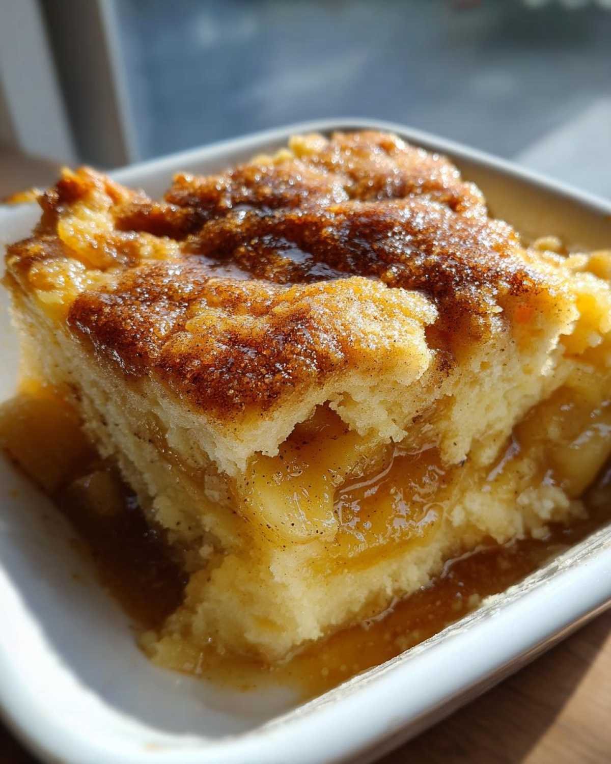 Close-up of a moist, square slice of amazing apple cobbler served in a white dish, featuring a gooey apple filling and cinnamon sugar topping.