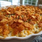 Close-up of a creamy, baked Broccoli casserole topped with golden cornflakes and fresh thyme.