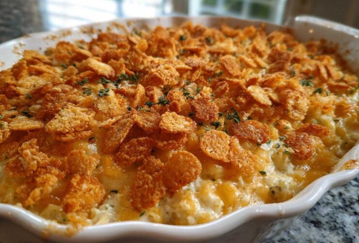 Close-up of a creamy, baked Broccoli casserole topped with golden cornflakes and fresh thyme.