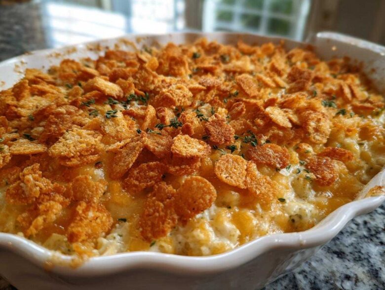 Close-up of a creamy, baked Broccoli casserole topped with golden cornflakes and fresh thyme.
