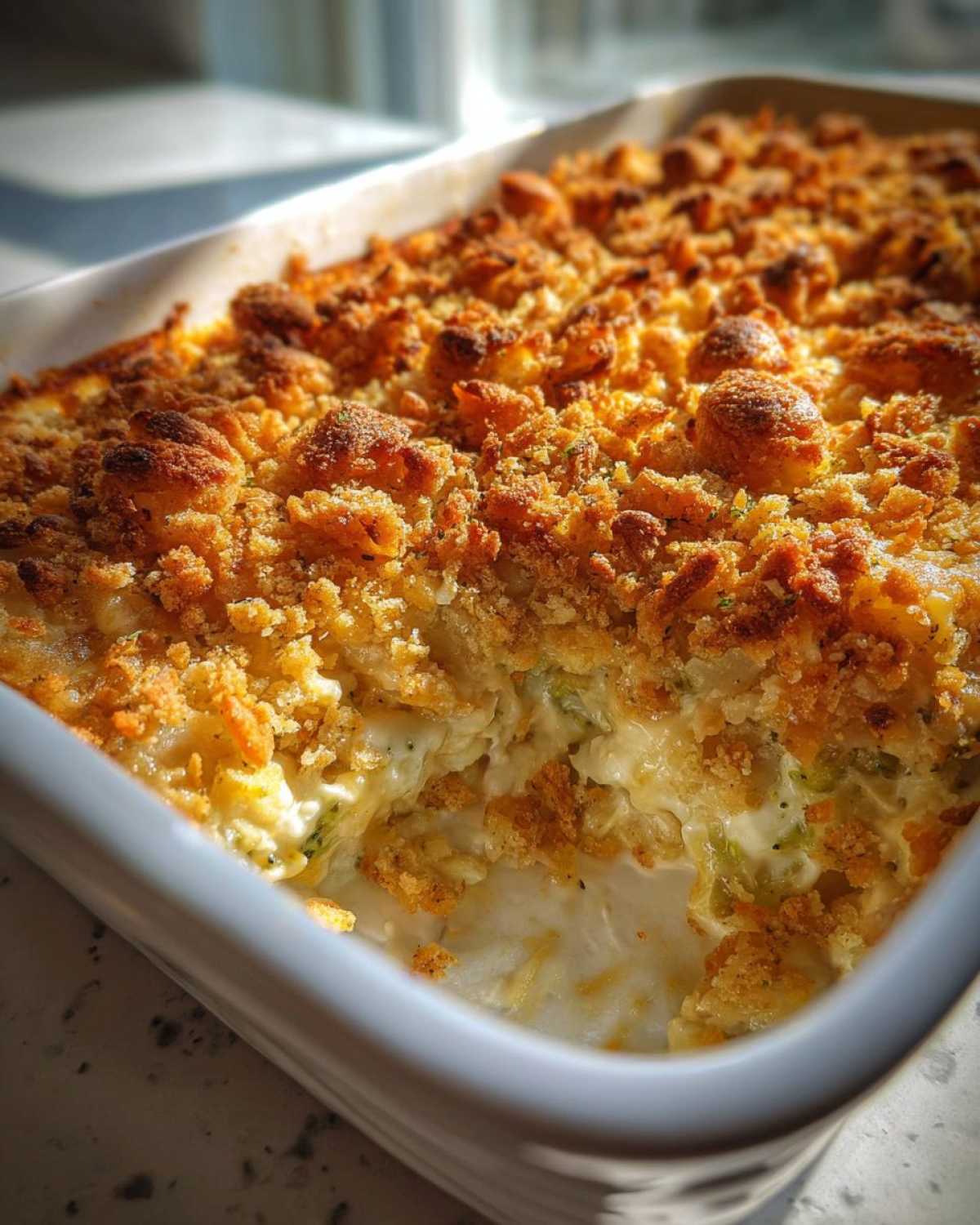 Close-up of a creamy broccoli casserole with a thick, golden-brown, crunchy breadcrumb topping.