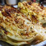Close-up of two roasted cabbage wedges seasoned with herbs and garlic, a perfect cabbage recipe.