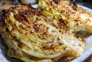 Close-up of two roasted cabbage wedges seasoned with herbs and garlic, a perfect cabbage recipe.