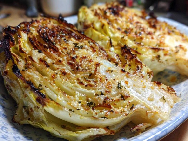 Close-up of two roasted cabbage wedges seasoned with herbs and garlic, a perfect cabbage recipe.