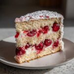 A tempting slice of light sponge cherry cake layered with cream filling and whole cherries, dusted with powdered sugar.