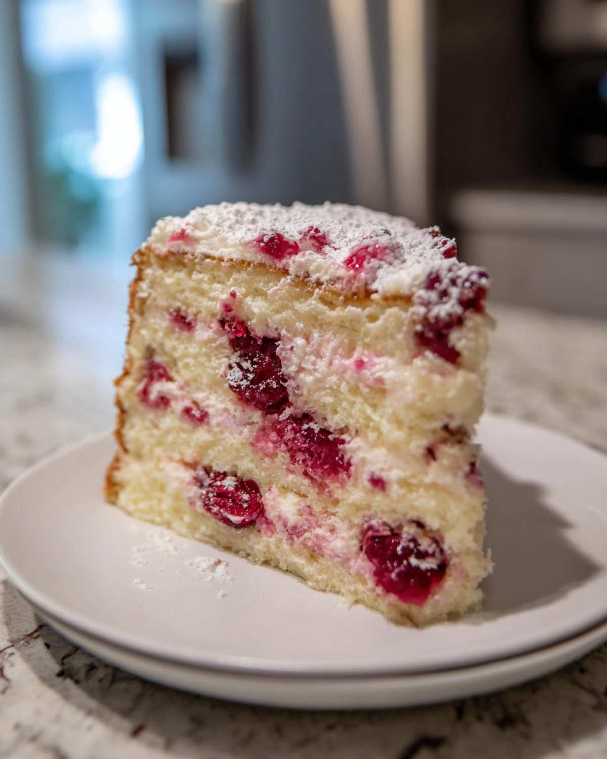 A close-up of a moist slice of light sponge cherry cake filled with bright red cherries and dusted with powdered sugar.