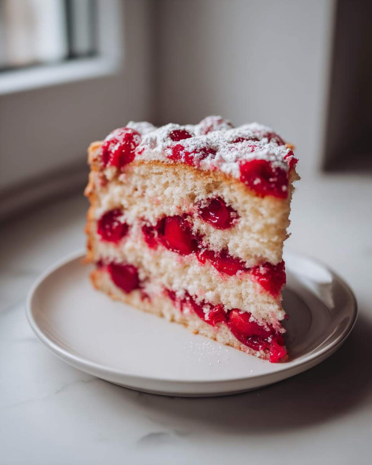 A tall slice of light, fluffy cherry cake layered with bright red cherries and dusted with powdered sugar.