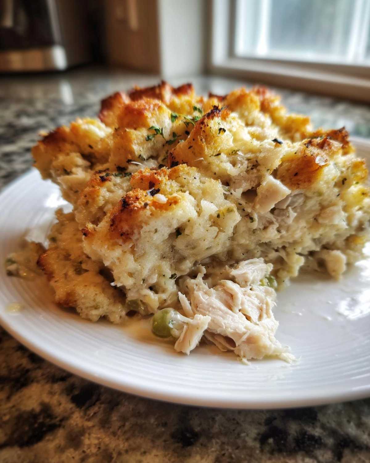 A close-up serving of amazing chicken stuffing casserole showing shredded chicken and peas on a white plate.