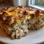 A close-up of a hearty slice of chicken stuffing casserole with shredded chicken and creamy sauce.