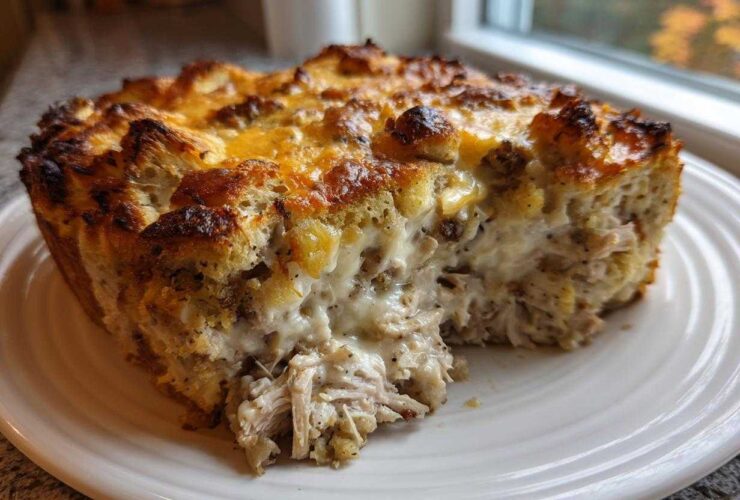 A close-up of a hearty slice of chicken stuffing casserole with shredded chicken and creamy sauce.
