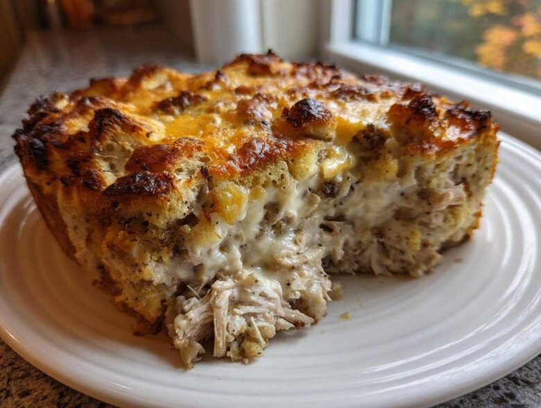 A close-up of a hearty slice of chicken stuffing casserole with shredded chicken and creamy sauce.