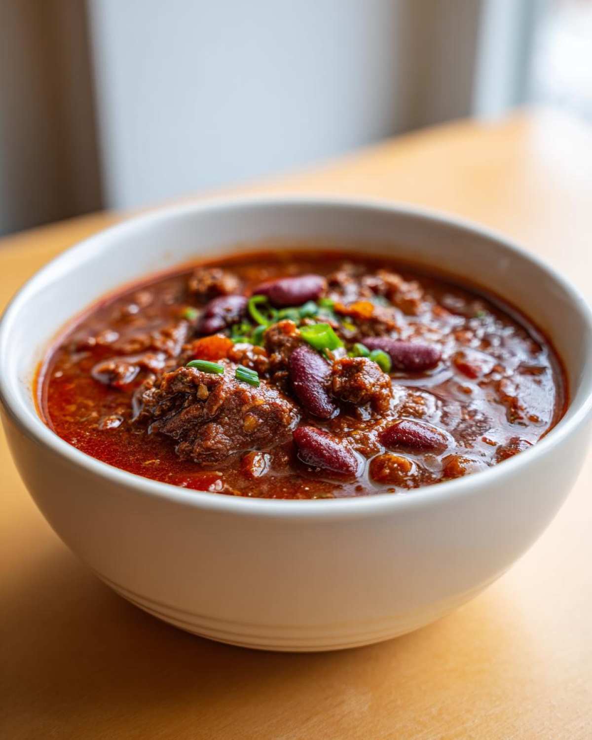 Close-up of a white bowl filled with rich, dark red chili, featuring ground meat, kidney beans, and green onion garnish.