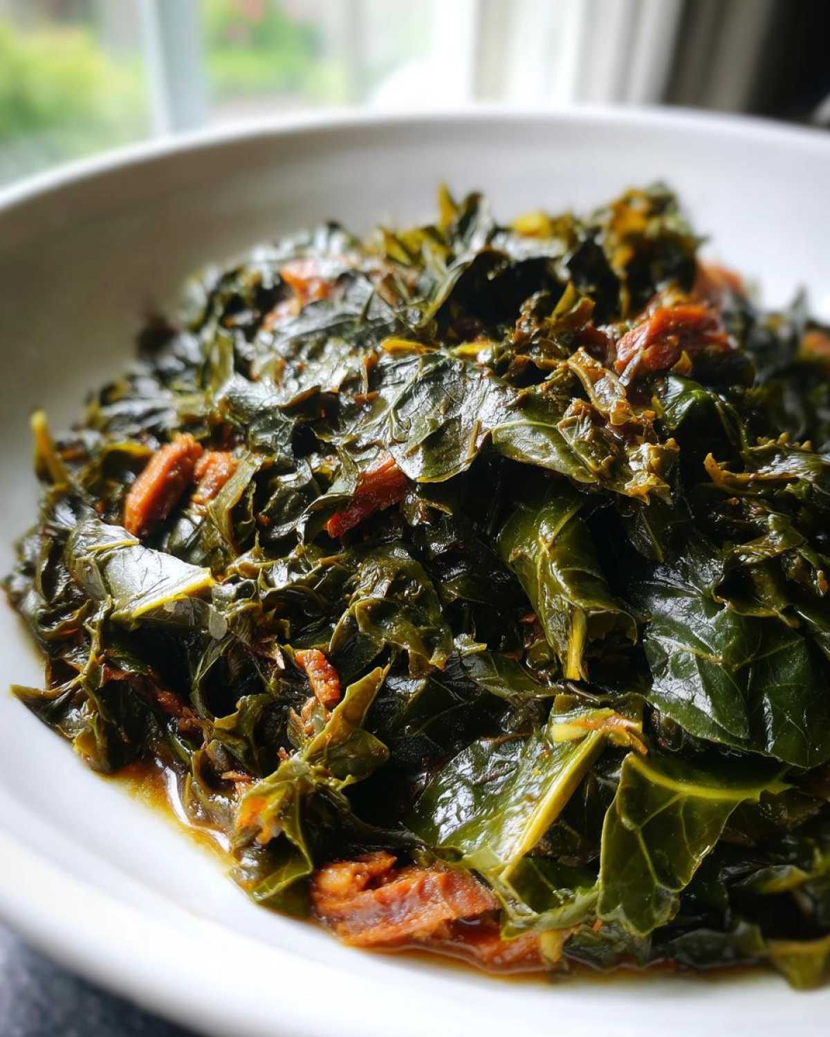 Close-up of savory, slow-cooked collard greens served in a white bowl with visible pieces of smoked meat.