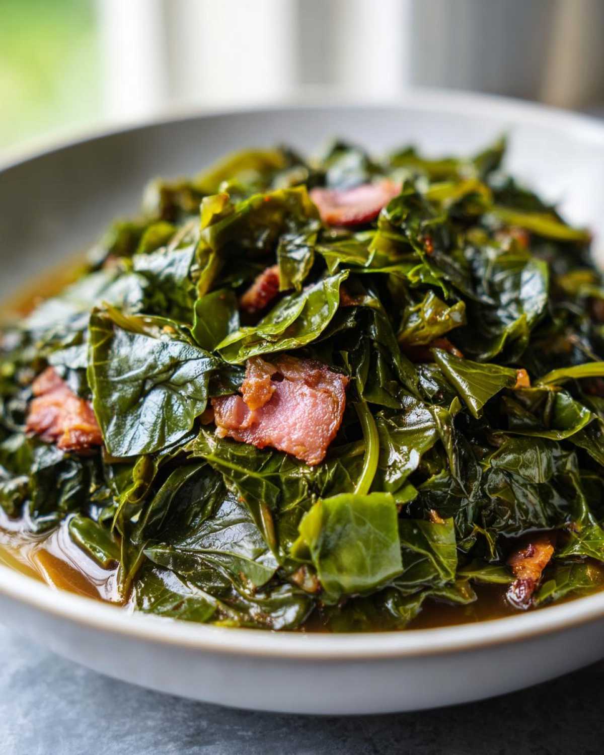 A close-up shot of tender, dark green collard greens simmered in broth with pieces of smoked ham hock.