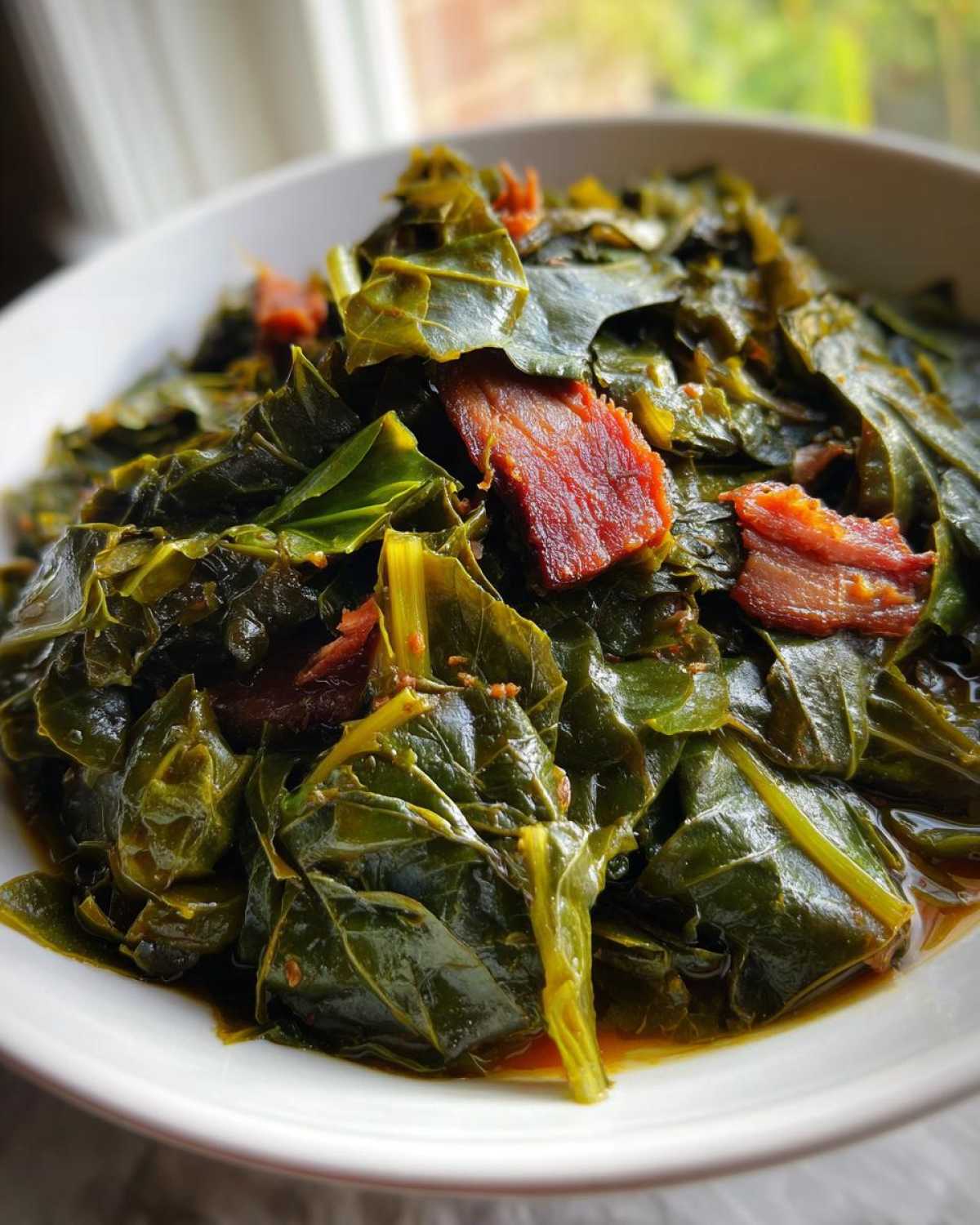 Close-up of tender, dark green collard greens served in a white bowl with pieces of smoked ham hock.