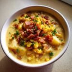 A close-up of a creamy bowl of corn chowder topped generously with crispy bacon bits and fresh parsley.