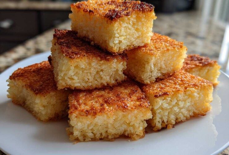 A stack of golden-brown, perfectly cut squares of crispy rice dessert on a white plate.