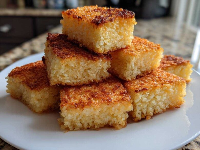 A stack of golden-brown, perfectly cut squares of crispy rice dessert on a white plate.