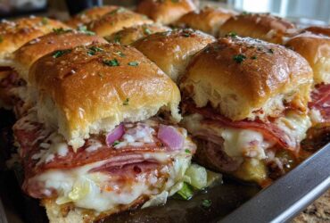 Close-up of baked grinder sliders filled with melted cheese, salami, and red onion on a baking sheet.