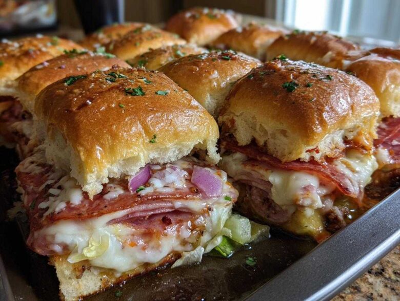Close-up of baked grinder sliders filled with melted cheese, salami, and red onion on a baking sheet.