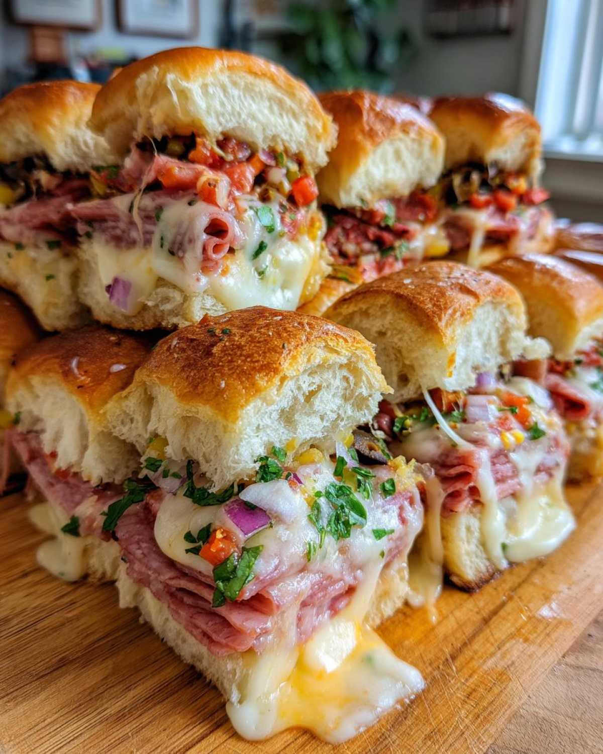 Close-up of several amazing 15-minute grinder sliders piled on a wooden board with melted cheese oozing out.