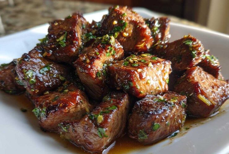 Close-up of tender, glazed cubes of hibachi steak topped with green herbs.