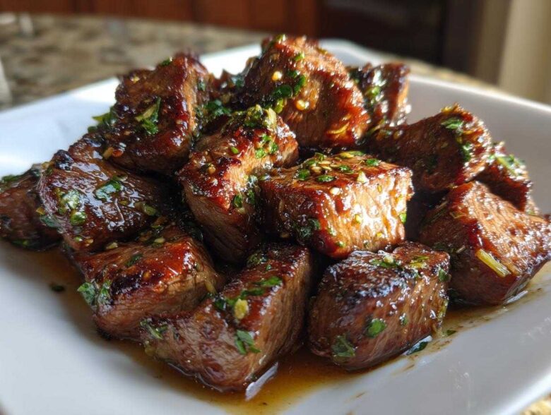 Close-up of tender, glazed cubes of hibachi steak topped with green herbs.