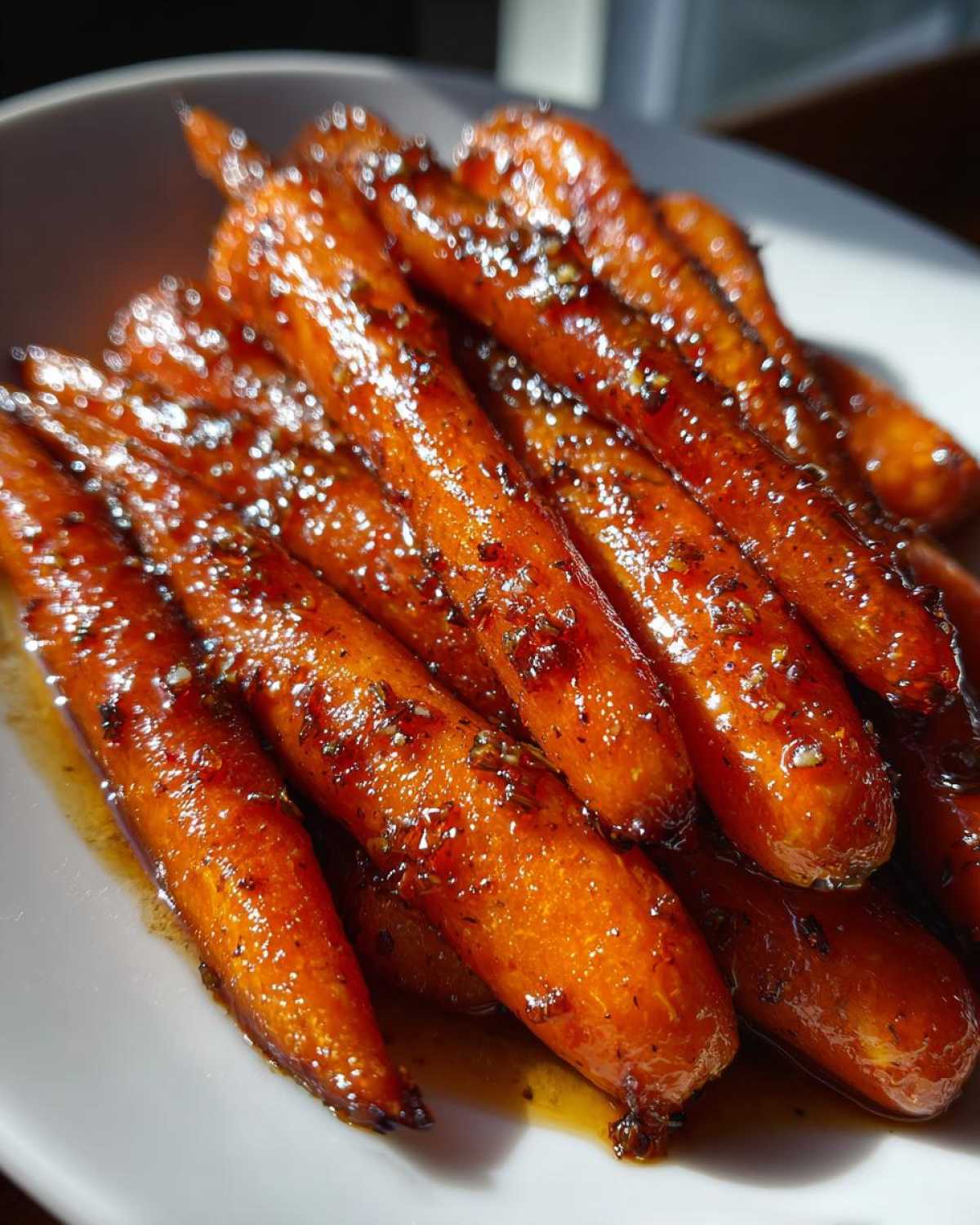 A close-up of perfectly cooked, bright orange honey glazed carrots glistening with a sweet, savory glaze and herbs.