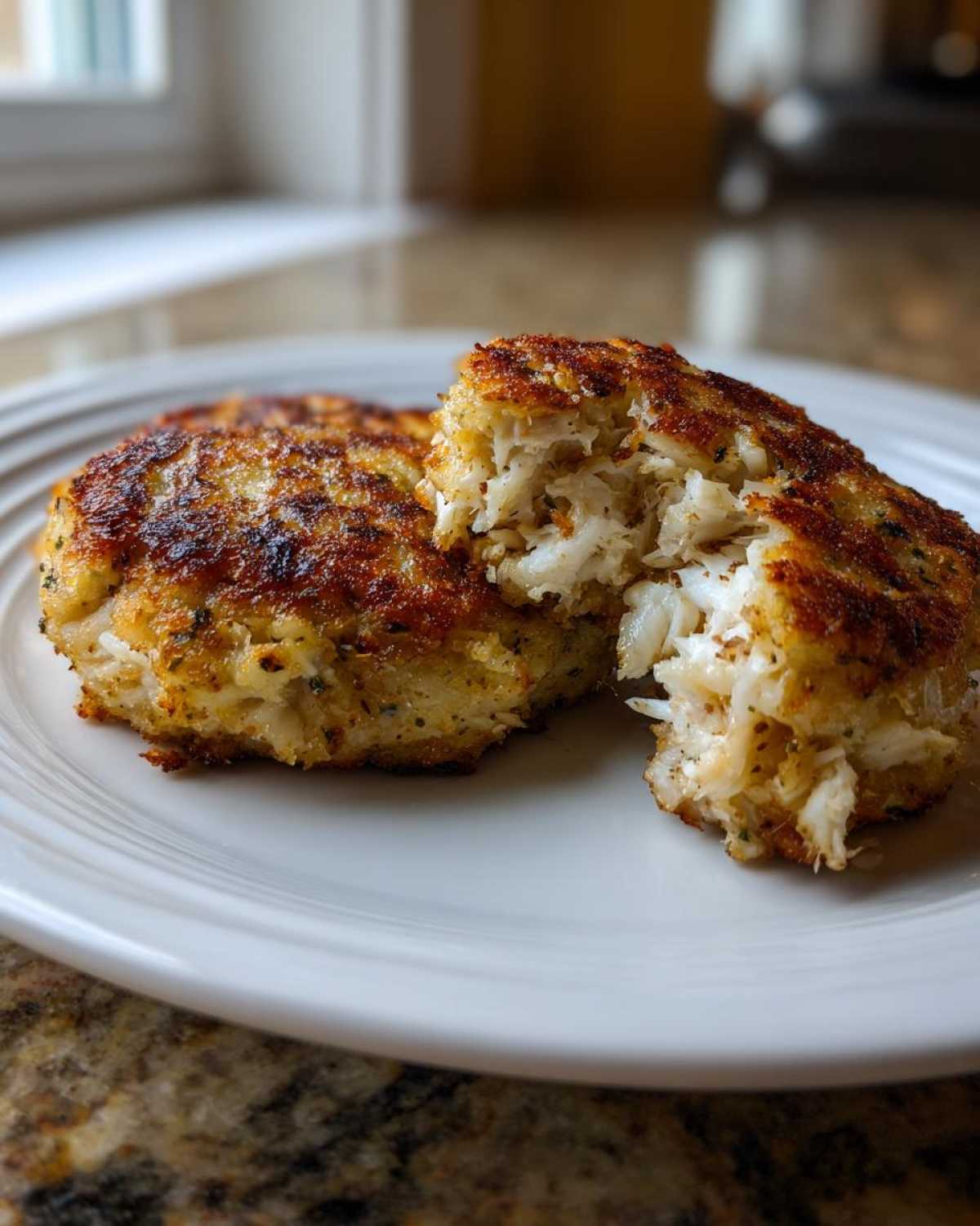 Close-up of two perfectly seared maryland crab cakes on a white plate, one broken open to show the flaky crab meat.