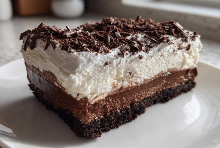 A decadent slice of layered chocolate mud pie featuring a dark crust, two chocolate fillings, whipped cream, and chocolate shavings.