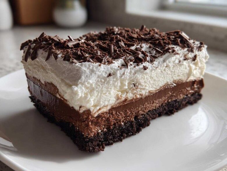 A decadent slice of layered chocolate mud pie featuring a dark crust, two chocolate fillings, whipped cream, and chocolate shavings.