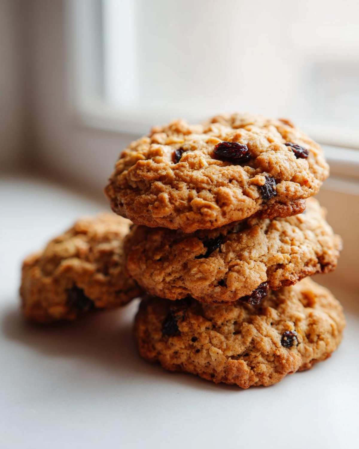 A stack of three golden brown oatmeal raisin cookies sits on a white surface near a window.
