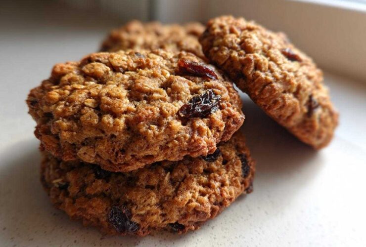 A close-up stack of three perfectly baked oatmeal raisin cookies on a light countertop.