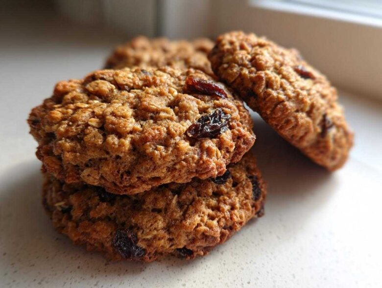 A close-up stack of three perfectly baked oatmeal raisin cookies on a light countertop.
