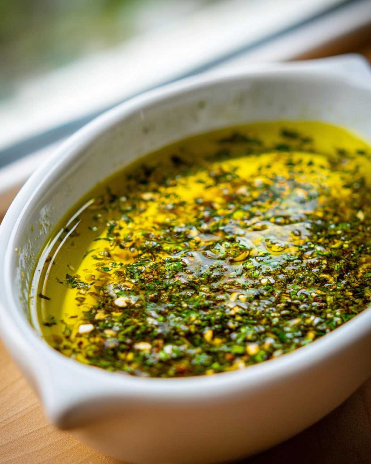 Close-up of a white bowl filled with vibrant olive oil bread dip infused with green herbs and spices.