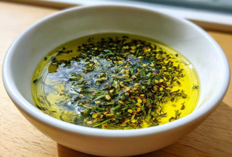 Close-up of a white bowl containing vibrant yellow olive oil bread dip topped with green herbs and red pepper flakes.