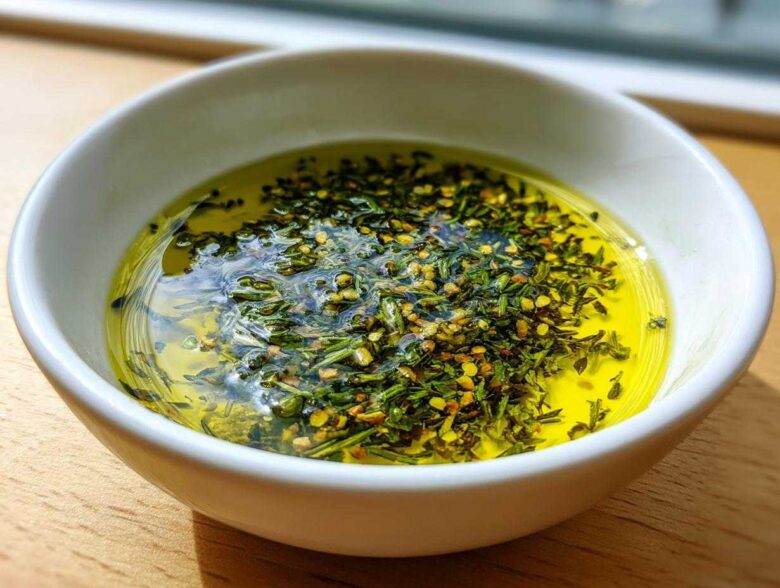 Close-up of a white bowl containing vibrant yellow olive oil bread dip topped with green herbs and red pepper flakes.