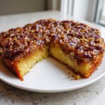A whole pecan upside down cake with a slice removed, showing the moist yellow cake base and sticky, glazed pecan topping.