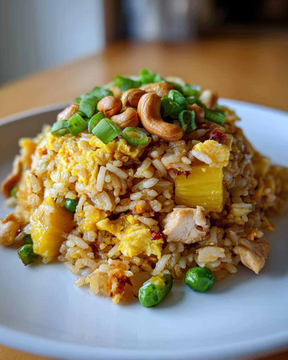 A mound of vibrant pineapple fried rice topped with cashews, scallions, and visible chunks of pineapple and chicken.