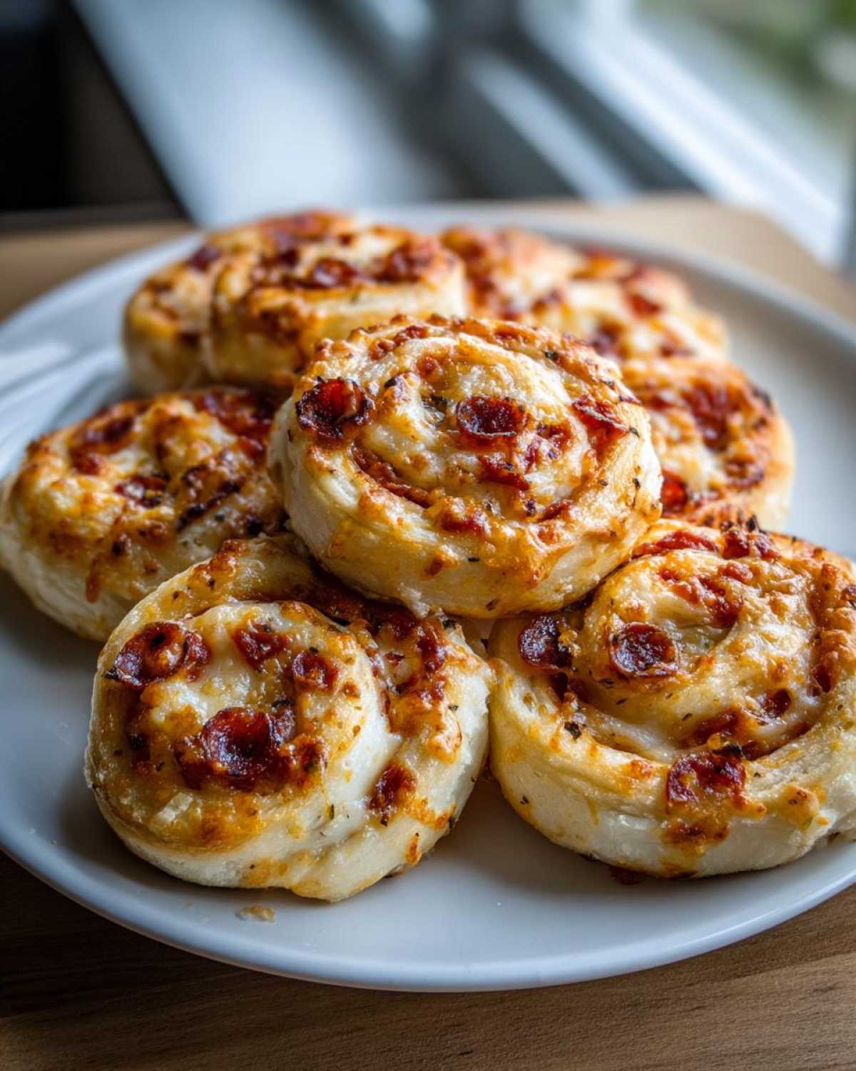 A close-up of several freshly baked pizza pinwheels piled on a white plate, showing melted cheese and pepperoni.